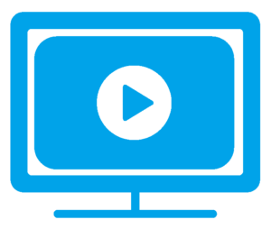 Icon of blue TV with a play symbol representing audiovisual translation.