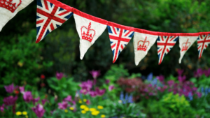 Flags in front of hedge